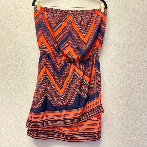EXPRESS Y2K Tube Top Geometric Chevron Orange Navy Blue Boho Chic‎ Dress Size M - Picture 3 of 16